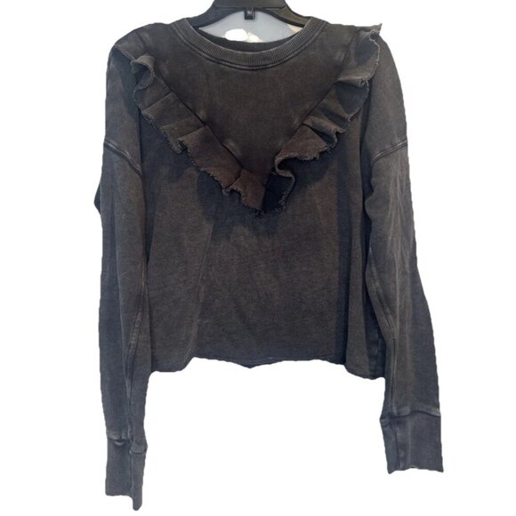 Free People Women’s Charcoal Gray Ooh La Ruffle Long Sleeve Crew Neck Top Sz M - Picture 1 of 8